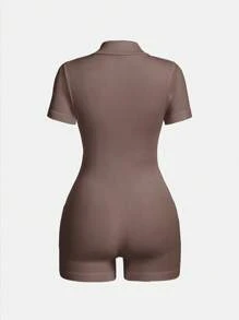 女士纯色拉链半襟休闲短袖短款连体裤 - 卡其色 - 查看 2