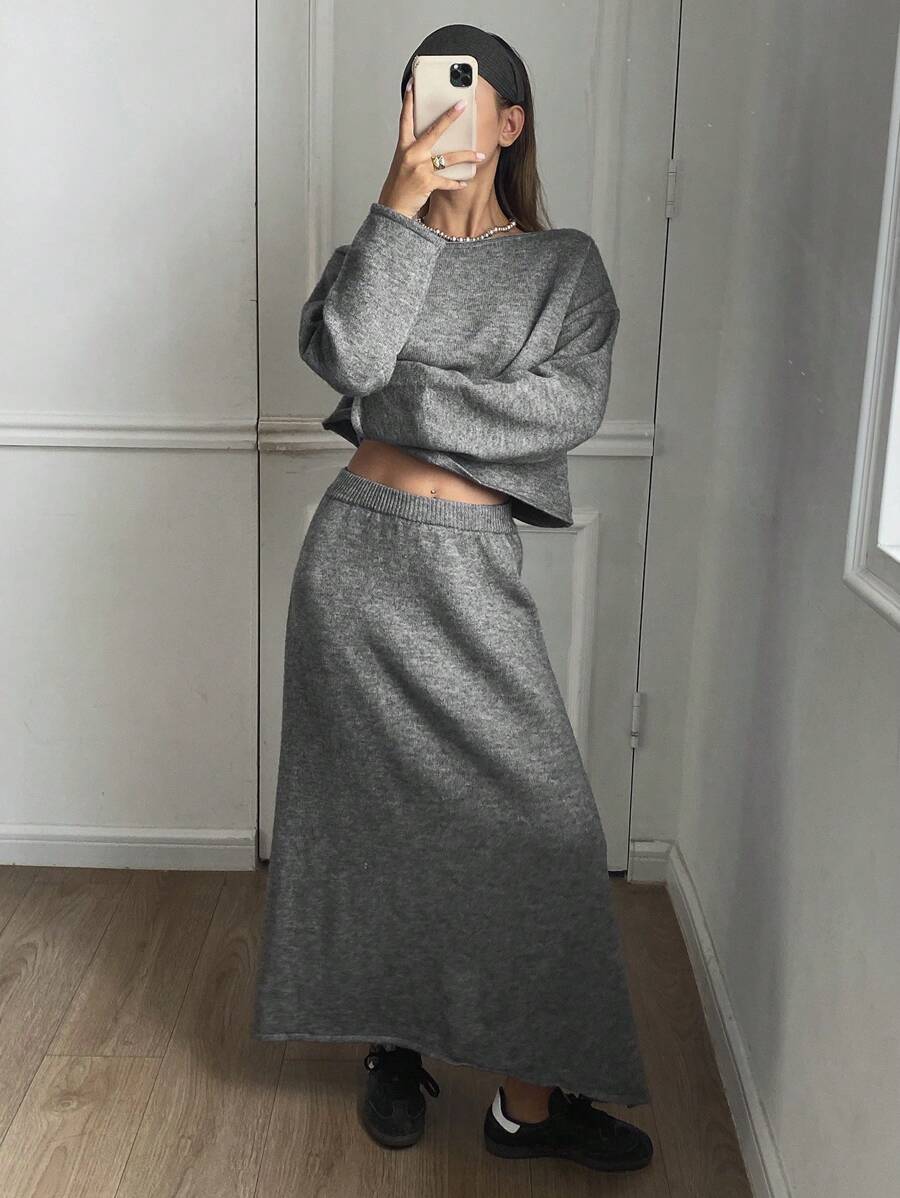 DAZY 2 pièces/set Pull à manches longues col asymétrique et jupe mi-longue en tricot pour femmes, tenue décontractée, automne