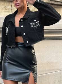 EURMUSE Autumn Fashionable Rhinestone & Tassel Decor Frayed Hem Cut-Off Denim Jacket
