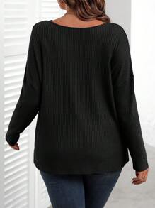 EMERY ROSE 大码女式蓝色 V 领宽松休闲长袖 T 恤，秋季服装 - 黑色 - 查看 3