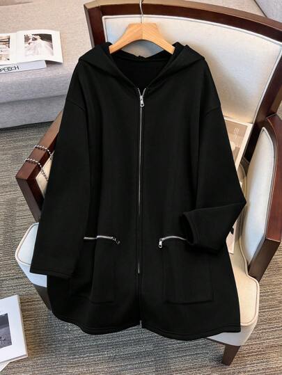 SHEIN Clasi 大码女式纯色落肩长袖休闲拉链连帽夹克，秋季，冬季