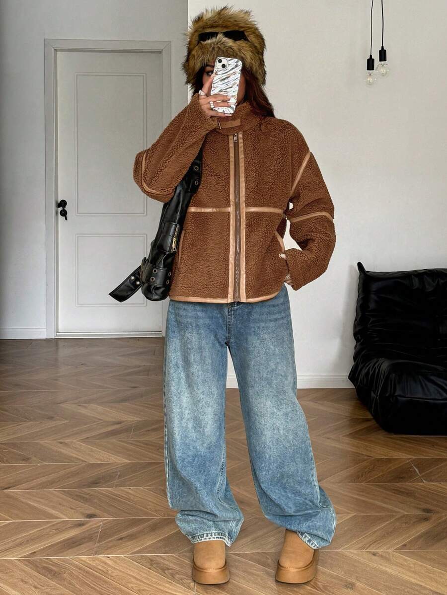 SHEIN EZwear Women's Casual Retro Daily Zip-Up Stand Collar Loose Jacket, Autumn/Winter - Brown - View 1