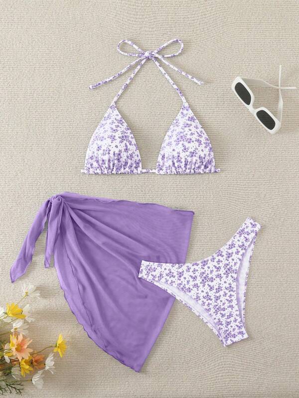Swim Mod Women Floral Print Halter Neck Backless Tie Bikini Set With Solid Color Twist Knot Hem Skirt, Summer Beach