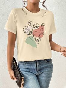 SHEIN Essnce Áo thun cổ tròn tay ngắn họa tiết chân dung trừu tượng & hoa giản dị dành cho nữ, mùa hè - Màu be - Xem 3