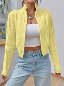 SHEIN EZwear Áo len cardigan ngắn cổ đứng màu trơn thường ngày cho nữ, mùa thu - Màu vàng - Xem 3