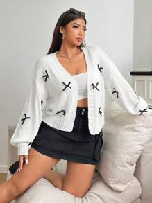 SHEIN EZwear Plus Size Color Block Bow Decor Loose Front Open Cardigan, Casual Everyday Wear, Autumn/Winter