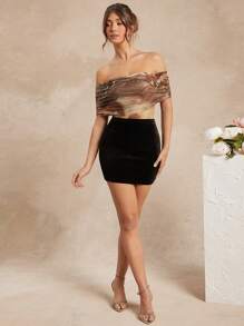 L'Amorae Abstract Floral Print Fold Over Sleeveless Bodysuit - Brown - View 6