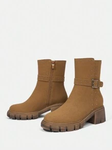 Styleloop Women's Fashionable Versatile Retro Mid-Calf Boots - Brown - View 4