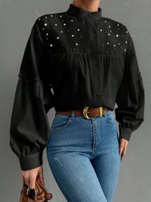 EURMUSE 100%Cotton Women's Solid Color Minimalist Everyday Long Sleeve Shirt With Rhinestone Pleating - Black - View 3