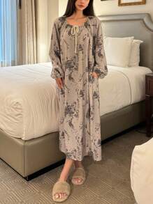 DAZY Splatter Print Pleated Loose Nightgown Pajama - Khaki - View 5