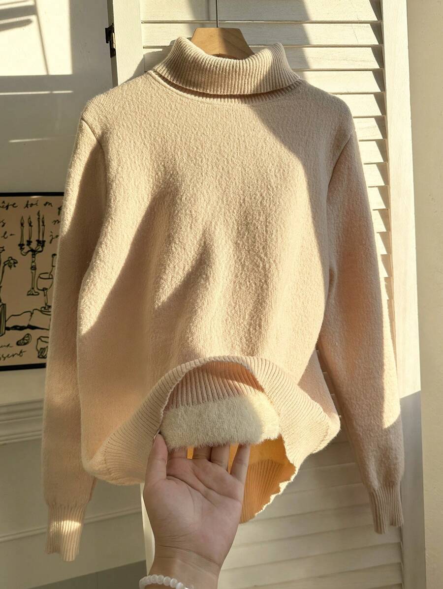 Calvaya Plus Size Casual Solid Color Turtleneck Fluffy Knitted Sweater, Autumn/Winter Fall - Beige - View 1