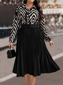 SHEIN Clasi Vestido maxi de mujer de talla grande, elegante, con cuello, patchwork, plisado y estampado - Multicolor - Ver 1