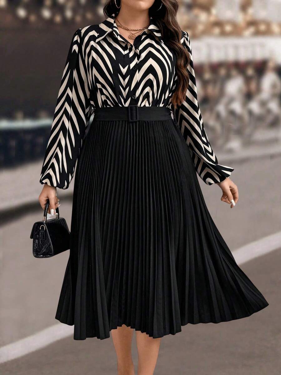 SHEIN Clasi Vestido maxi de mujer de talla grande, elegante, con cuello, patchwork, plisado y estampado - Multicolor - Ver 1