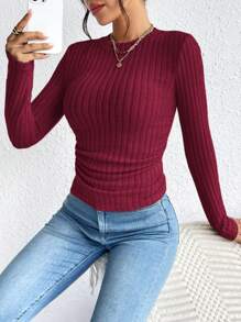 SHEIN Frenchy Women Casual Solid Color Ribbed Long Sleeve Fitted T-Shirt, Spring/Autumn - Burgundy - View 5