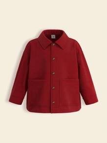 THE HAPPY LOOK Young Boys Red Solid Color Twill Casual Long Sleeve Shirt Jacket For Daily Wear, Autumn, Winter, Christmas, New Year - Red - View 1