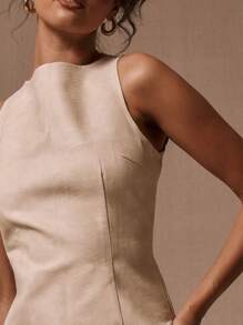 MUSERA Boat Neck PU Snakeskin Print Embossed Mini Dress Spring Summer Party Vacation - Apricot - View 5