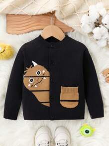 Baby Boy Cute Cartoon Pattern Button-Up Cardigan, Suitable For Outings And Autumn/Winter Wear - Navy Blue - View 1
