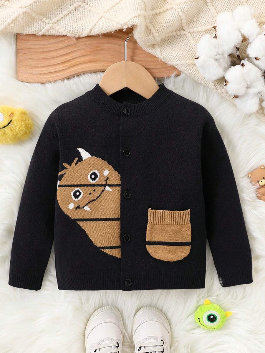 Baby Boy Cute Cartoon Pattern Button-Up Cardigan, Suitable For Outings And Autumn/Winter Wear - Navy Blue - View 1
