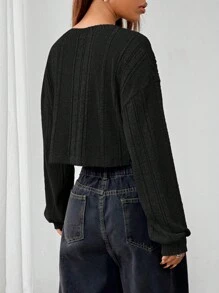 SHEIN EZwear Áo len ngắn cổ chữ V màu đen thoải mái và giản dị dành cho nữ - màu đen - Xem 2