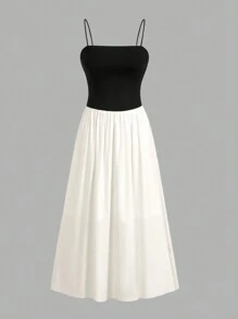 SHEIN EZwear Color-Block Strappy Long Dress - Black and White - View 1