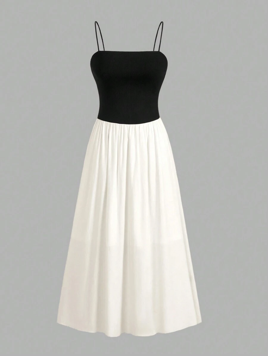 SHEIN EZwear Color-Block Strappy Long Dress - Black and White - View 1