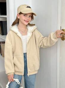 SHEIN 青少年女孩宽松休闲简约舒适保暖内衬连帽夹克，百搭 - 杏色 - 查看 5