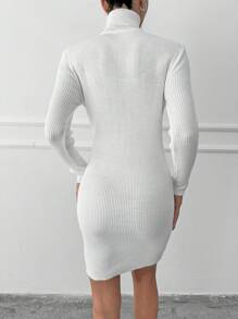 EURMUSE Turtleneck Ribbed Knit Jumper Dress Without Belt - White - View 2