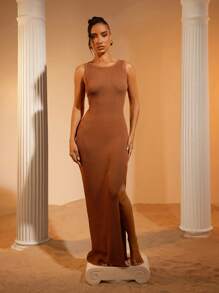 Hauture CREW NECK SLEEVELESS  SEMI SHEER MAXI  KNIT DRESS - Coffee Brown - View 7