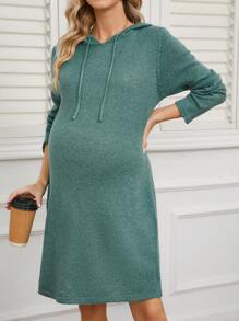SHEIN Gaun Sweater Hamil Polos Sederhana dengan Tali Serut dan Tudung, Kasual, untuk Musim Dingin - Hijau - View 5