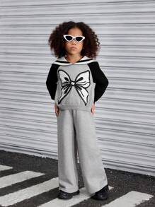 SHEIN Explorewe Young Girl Collared Bowknot Embroidered Contrast Color Raglan Sleeve Sweater And Straight Leg Pants Two-Piece Set - Multicolor - View 4