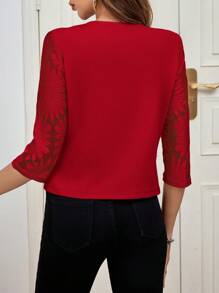 SHEIN Clasi Áo khoác nữ thanh lịch cổ tròn tay lửng phối ren màu hồng, thích hợp cho mùa thu/đông. - Đỏ - Xem 2