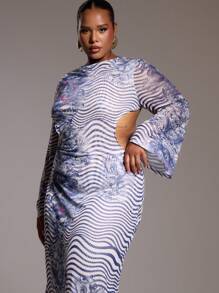 MUSERA Plus Size Abstract Print Cut Out Side Long Sleeve Maxi Dress Outfit For Going Out, Sexy, Club, Party, Date Night, Vacation, Holiday, Rave, Concert, Ibiza, Festival