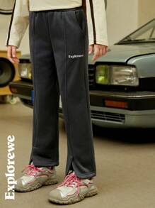 SHEIN 2pcs Girl Teenage Wide Leg Sweatpants, Letter Print, Split Hem, Casual Sports Loose Fleece Pants - Multicolor - View 3