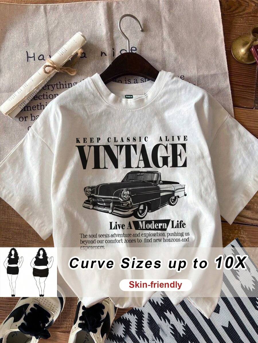 SHEIN CURVE+ Plus Size Casual Simple Design Crew Neck Short Sleeve Loose T-Shirts, For Summer - White - View 1