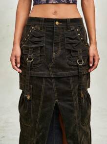 ROMWE Grunge Punk 女式做旧洗水可拆卸百搭长款牛仔裙 - 綠色 - 查看 6