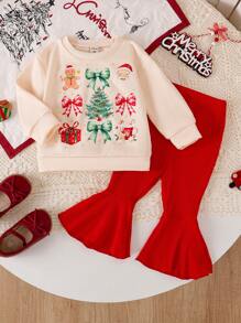 SHEIN Playful Pals 女婴万圣节印花罗纹喇叭裤套装，秋季，圣诞节 - 紅色 - 查看 1