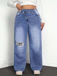 SHEIN EZwear 大码女式不对称腰部口袋破洞阔腿宽松休闲牛仔裤 - 藍色 - 查看 3