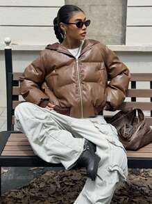 Muchica 女士新款棕色 PU 加厚外套，秋冬款