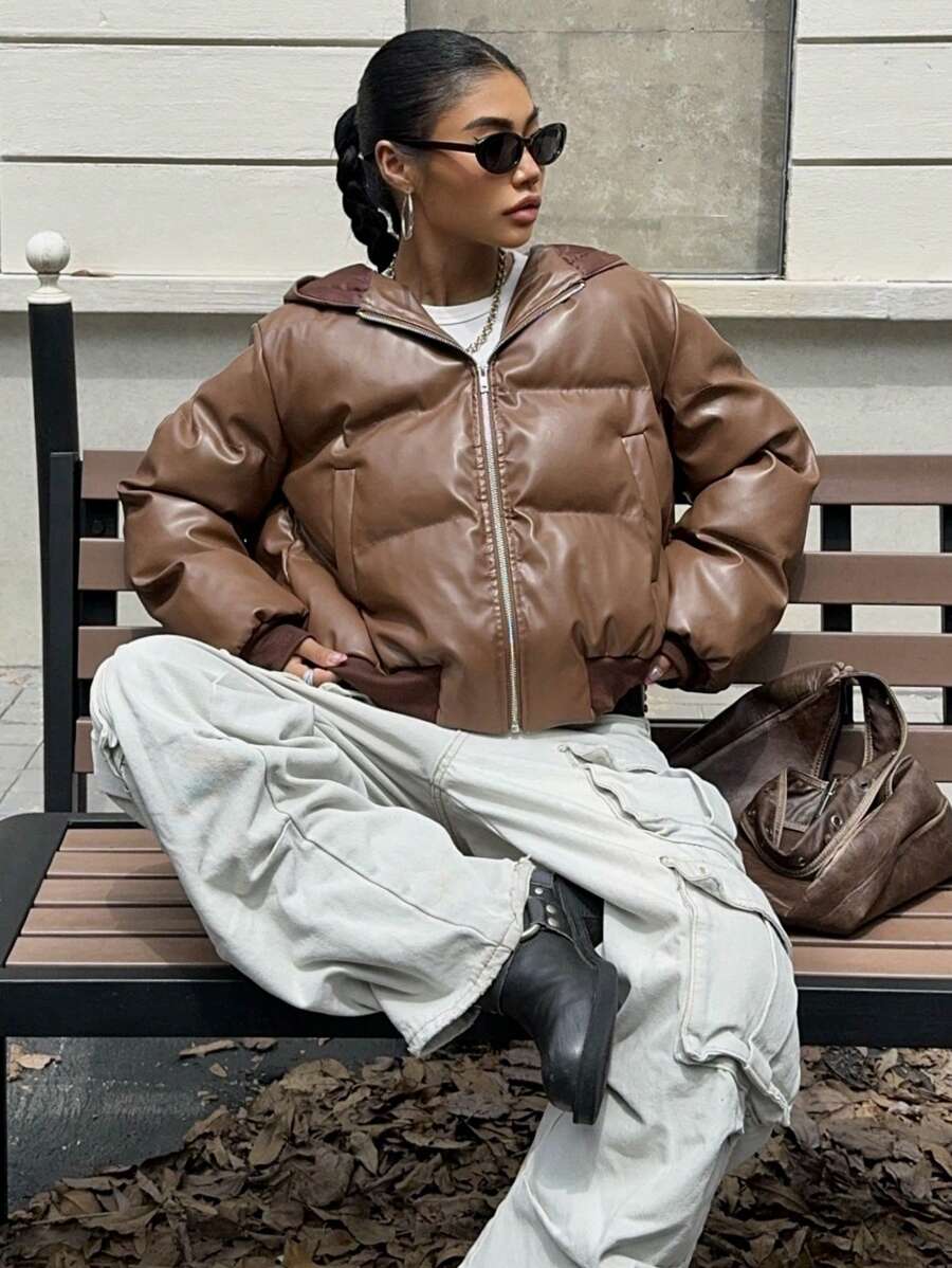 Muchica 女士新款棕色 PU 加厚外套，秋冬款