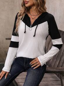 EMERY ROSE 双色半拉链抽绳连帽T恤图案女式上衣 - 彩色 - 查看 6