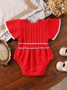 女婴针织毛衣爬行服，圆领，短袖，蕾丝领，提花，纽扣闭合，黑色条纹，白色蝴蝶结，舒适时尚，适合日常、外出、旅行、度假、居家、日托、学校 - 紅色 - 查看 2