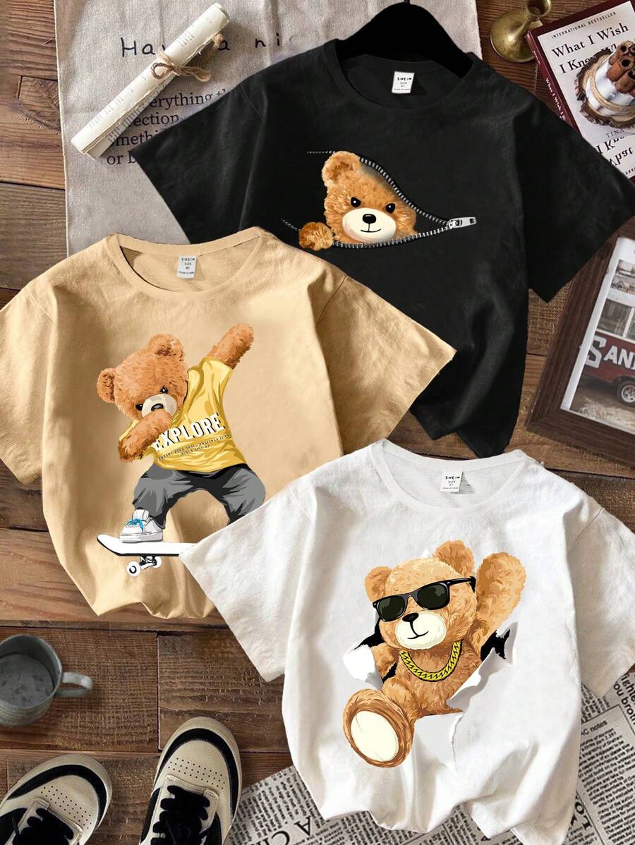 SHEIN 3pcs/Set Young Boy Casual Minimalist Cartoon Panda Sports Pattern Loose Fit Round Neck Short Sleeve T-Shirts, Black/White/Khaki, Suitable For Summer
