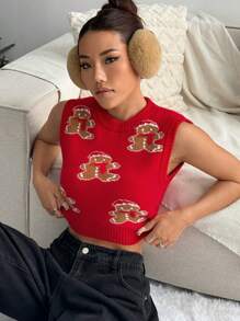 SHEIN Unity 圣诞节女士时尚姜饼人毛衣和圣诞背心 - 粉色 - 查看 3