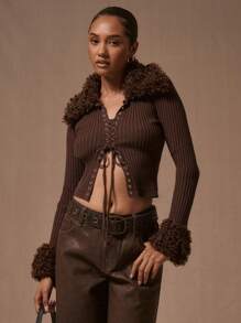 MUSERA Fluffy Lace Up gebreide cardigan