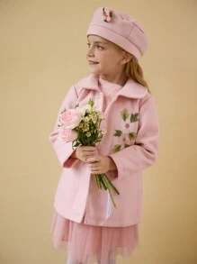 SHEIN 女孩年轻女孩秋冬长袖花卉刺绣印花 Polo 领休闲优雅外套带刺绣帽子，厚料 - 淺粉色 - 查看 5