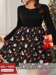 SHEIN CURVE+ Plus Size  Christmas Print A-Line Dress - Multicolor - View 5