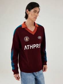 Manfinity Campus Court Aesthetic Post--Men's Casual Color Block Letter Pattern V-Neck Loose Knit Sweater, Suitable For Autumn/Winter - Burgundy - View 6