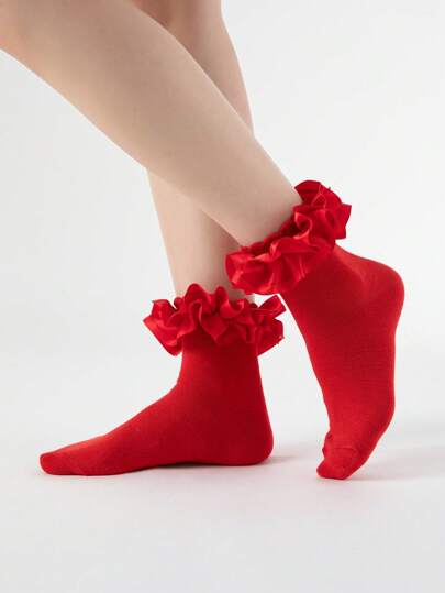 Kawaii Ladies Red Ruffle Elegant Mid-Calf Socks, Suitable For Daily Wear