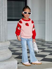 SHEIN Young Girl Handmade 3D Strawberry Patterned Cute Stylish Elegant Versatile Knitted Sweater, Suitable For Autumn/Winter Outdoor, Party, Simple Niche Personalized Sweater, Pink Knit Top - Pink - View 5
