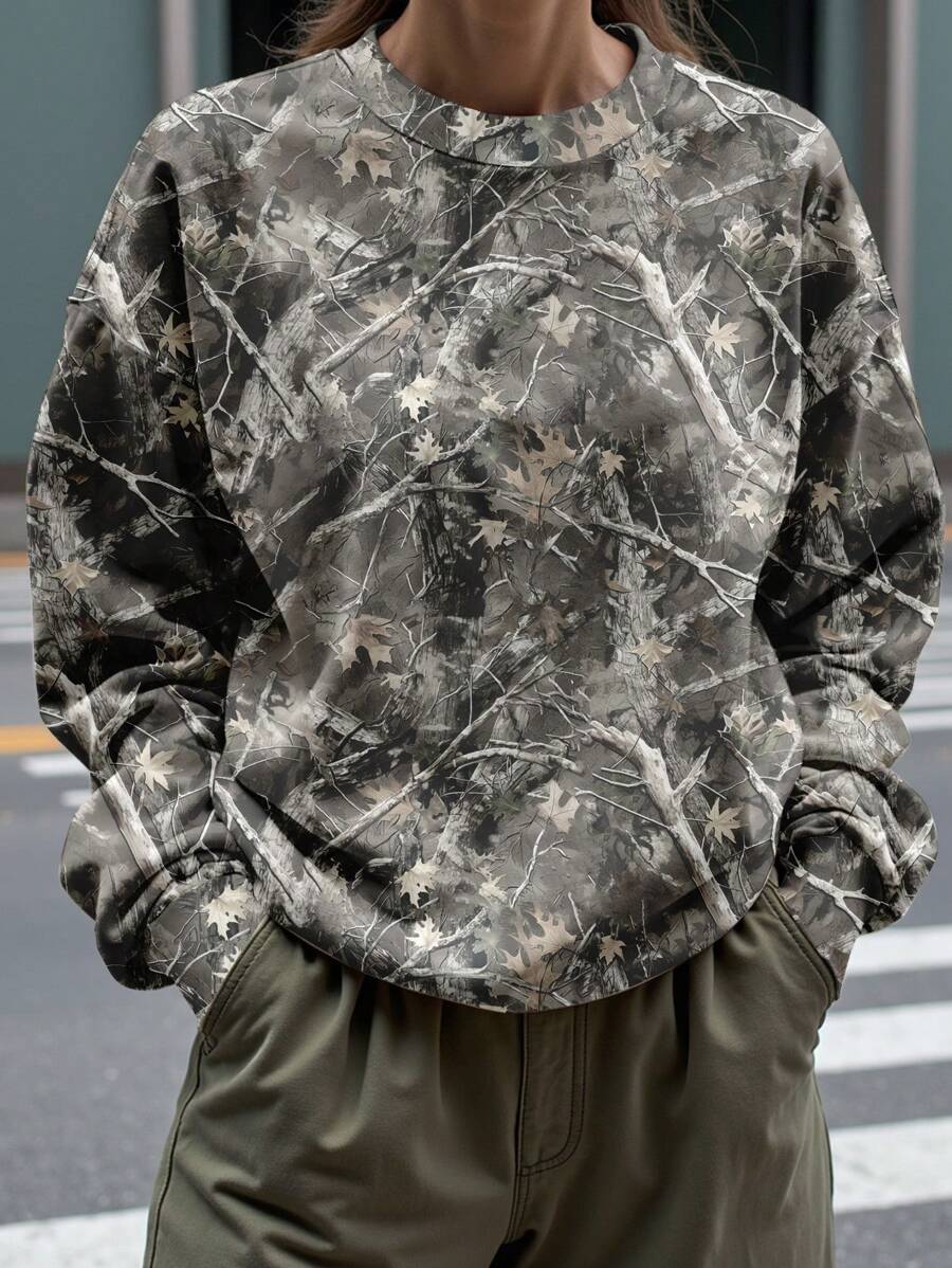 SHEIN EZwear 休闲简约树枝印花图案圆领宽松女式运动衫秋冬女士衣服 - 彩色 - 查看 1